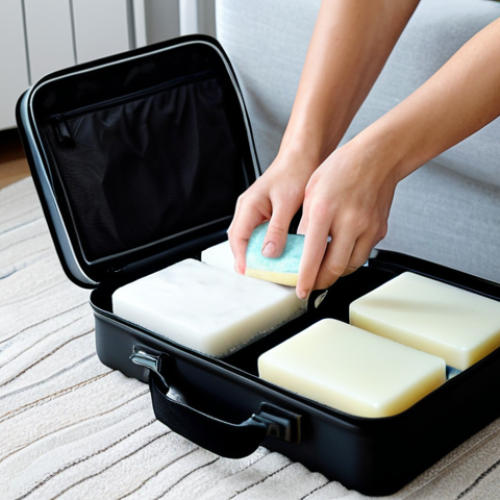 Home 8 Solid Cosmetics Travel Kit**
"A fully clothed young woman packing a suitcase for a trip. Inside the suitcase are solid shampoo, conditioner bars, and a solid face cleanser in small, reusable tins. The setting is a bright, modern apartment. Focus on the convenience and compactness of the solid cosmetics. Appropriate attire, safe for work, professional photography, perfect anatomy, natural proportions, high quality."
**
